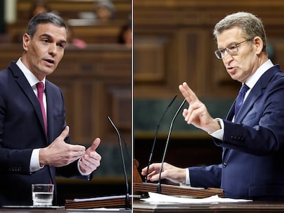 Pedro Sánchez y Alberto Núñez Feijóo, el pasado 10 de abril en el Congreso.