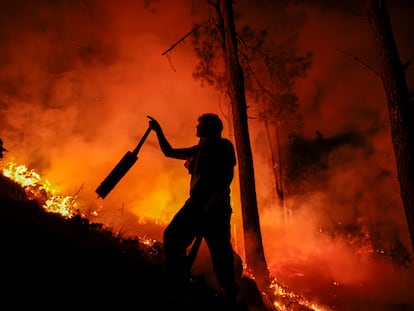 Un hombre parte de un grupo de bomberos y vecinos combate un incendio forestal en Intiyaco, provincia de Córdoba (Argentina), el 23 de septiembre de 2024.