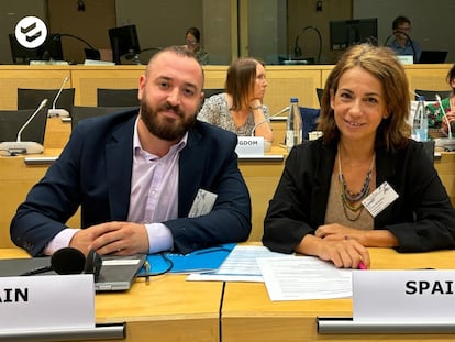 La anterior directora general de la CELAD, Silvia Calzón, y el actual director, Carlos Peralta, en una actividad en el Consejo de Europa de Estrasburgo.