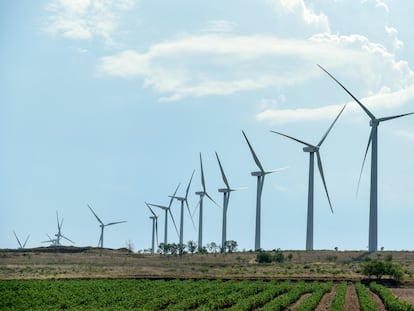 Vista de varias turbinas eólicas.