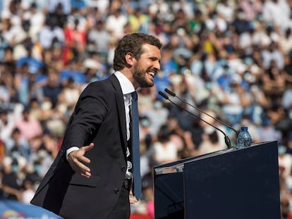 El presidente del PP, Pablo Casado, durante la Convención Nacional del PP, en la Plaza de Toros de Valencia, el pasado sábado.