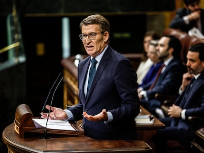 El presidente del PP, Alberto Núñez Feijóo, durante el debate sobre la amnistía el pasado 30 de enero en el Congreso .