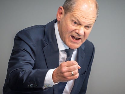 El canciller alemán, Olaf Scholz, durante su intervención en el Parlamento alemán este miércoles.