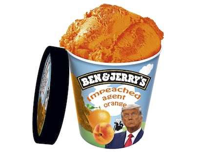 Impeached Agent Orange es un helado de naranja y melocotón inspirado en Trump. Nos lo hemos inventado.