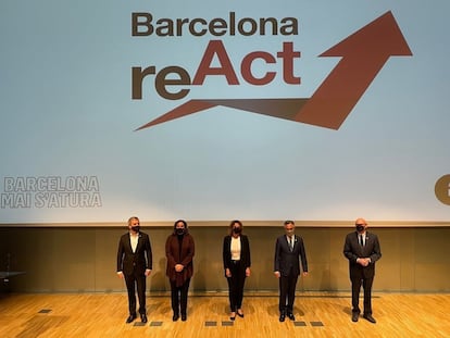 El teniente de alcalde, Jaume Collboni; la alcaldesa de Barcelona, Ada Colau; la vicepresidenta y ministra de Transición Ecológica, Teresa Ribera; el conseller de Empresa y Conocimiento, Ramon Tremosa, y el consejero delegado de GSMA, John Hoffman.
EUROPA PRESS
16/04/2021