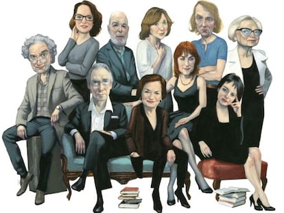 De izquierda a derecha: Ricardo Piglia, Marta Sanz, Jaime Gil de Biedma, Svetlana Alexiévich, Michel Houellebecq e Inger Christensen; delante, Ian McEwan, Élisabeth Roudinesco, Sara Mesa y Chantal Maillard.