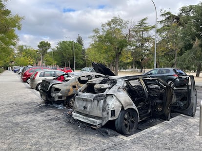 Los dos coches que han quemado la madrugada del jueves en la calle de Cerecinos, en Usera.