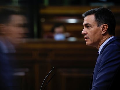 El presidente del Gobierno, Pedro Sánchez, durante su intervención en el Congreso el 30 de marzo.