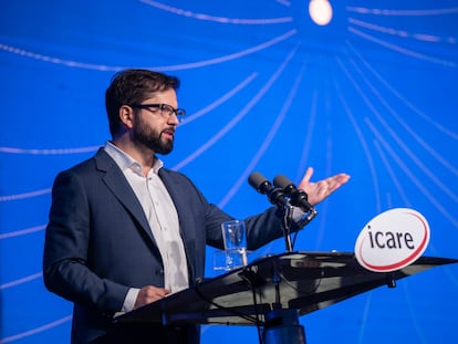 El presidente de Chile, Gabriel Boric, habla durante el Encuentro Nacional de Empresas, este jueves en Santiago.