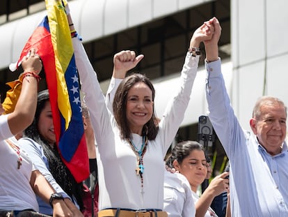 Los opositores venezolanos María Corina Machado y Edmundo González Urrutia, durante una manifestación celebrada en Caracas el 30 de julio.