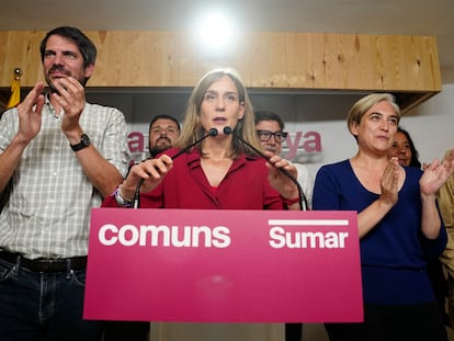 La actual líder de Comuns, Jéssica Albiach, junto a Ernest Urtasun y Ada Colau, la noche electoral del pasado mes de mayo.