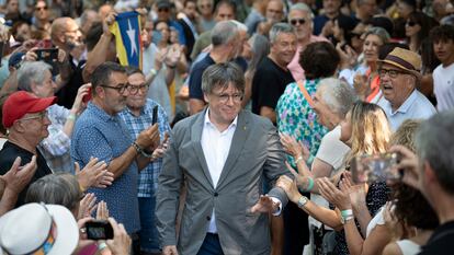 Carles Puigdemont en un acto con la militancia de Junts, el sábado pasado en el sur de Francia.