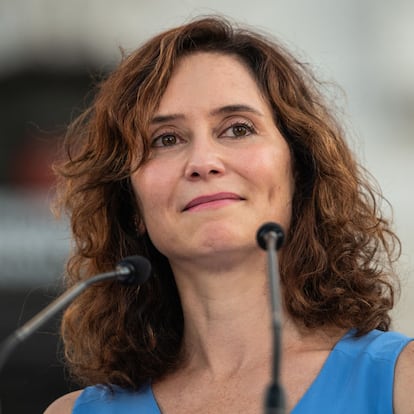 MADRID, SPAIN - 2024/08/17: The President of the Community of Madrid, Isabel Diaz Ayuso speaks during a demonstration against Nicolas Maduro. Thousands of Venezuelans residing in Madrid gathered in Puerta del Sol to protest against the government of Nicolas Maduro and express their disagreement with the election results in Venezuela giving support to opposition leader Maria Corina Machado and opposition candidate Edmundo Gonzalez, a demonstration part of "The great worldwide protest for the truth" that are taking place in many cities. (Photo by Marcos del Mazo/LightRocket via Getty Images)