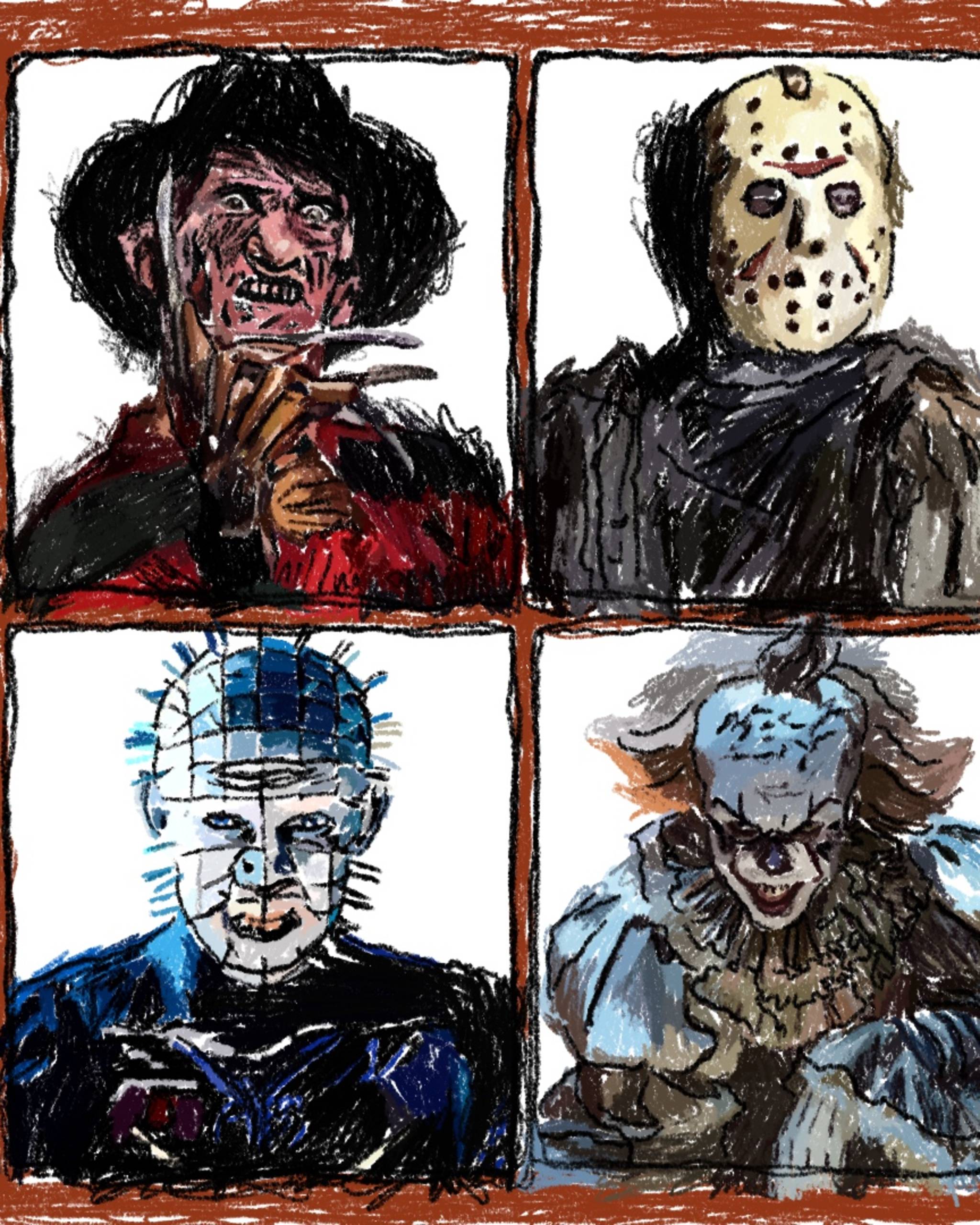 Illustration of iconic horror characters: Jigsaw, Art the Clown, Freddy Krueger, Jason Voorhees, Chucky, Ghostface, Pinhead, and Pennywise.