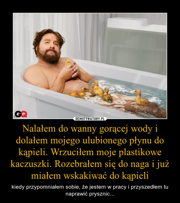 Nalałem do wanny gorącej wody i dolałem mojego ulubionego płynu do kąpieli. Wrzuciłem moje plastikowe kaczuszki. Rozebrałem się do naga i już miałem wskakiwać do kąpieli – kiedy przypomniałem sobie, że jestem w pracy i przyszedłem tu naprawić prysznic... 