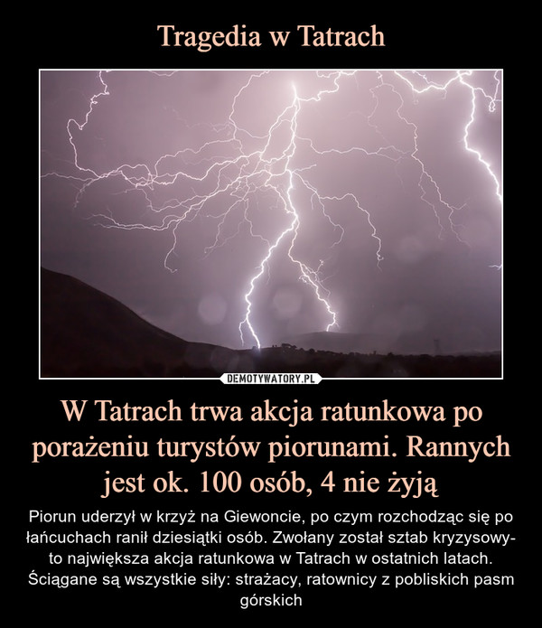 W Tatrach trwa akcja ratunkowa po porażeniu turystów piorunami. Rannych jest ok. 100 osób, 4 nie żyją – Piorun uderzył w krzyż na Giewoncie, po czym rozchodząc się po łańcuchach ranił dziesiątki osób. Zwołany został sztab kryzysowy- to największa akcja ratunkowa w Tatrach w ostatnich latach. Ściągane są wszystkie siły: strażacy, ratownicy z pobliskich pasm górskich 