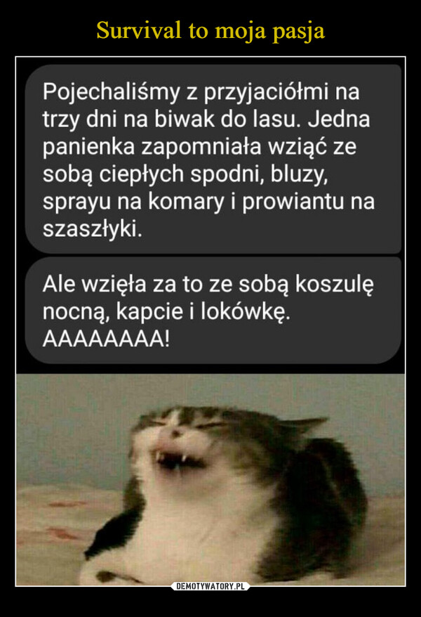  –  Pojechaliśmy z przyjaciółmi natrzy dni na biwak do lasu. Jednapanienka zapomniata wziąć zesobą ciephych spodni, bluzy,sprayu na komary i prowiantu naSzaszłyki.Ale wzięła za to ze sobą koszulęnocną, kapcie i lokówkę.AAAAAAAA!