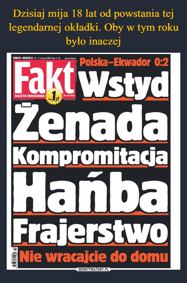  –  SOBOTA-NIEDZIELA 10-11 czerwca 2006 Wyd. 2-PLGAZETA CODZIENNAPolska-Ekwador 0:2Fakt WstydŽenadaKompromitacjaHanbaFrajerstwoNie wracajcie do domu