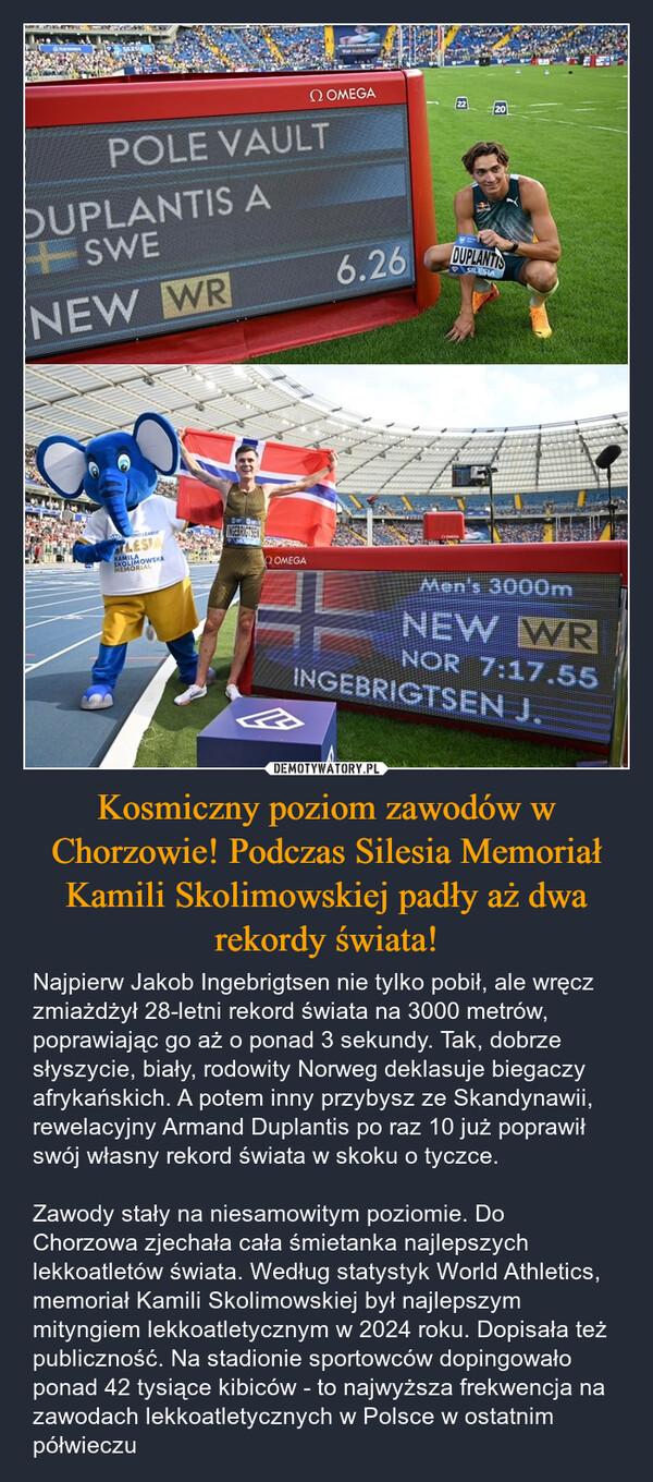 Kosmiczny poziom zawodów w Chorzowie! Podczas Silesia Memoriał Kamili Skolimowskiej padły aż dwa rekordy świata! – Najpierw Jakob Ingebrigtsen nie tylko pobił, ale wręcz zmiażdżył 28-letni rekord świata na 3000 metrów, poprawiając go aż o ponad 3 sekundy. Tak, dobrze słyszycie, biały, rodowity Norweg deklasuje biegaczy afrykańskich. A potem inny przybysz ze Skandynawii, rewelacyjny Armand Duplantis po raz 10 już poprawił swój własny rekord świata w skoku o tyczce. Zawody stały na niesamowitym poziomie. Do Chorzowa zjechała cała śmietanka najlepszych lekkoatletów świata. Według statystyk World Athletics, memoriał Kamili Skolimowskiej był najlepszym mityngiem lekkoatletycznym w 2024 roku. Dopisała też publiczność. Na stadionie sportowców dopingowało ponad 42 tysiące kibiców - to najwyższa frekwencja na zawodach lekkoatletycznych w Polsce w ostatnim półwieczu SILESIAΩ OMEGA20POLE VAULTDUPLANTIS ASWENEW WRLESIAKAMILASKOLIMOWSKAMEMORIALINGEBRIGTSENQOMEGA6.26DUPLANTISSILESIAMen's 3000mNEW WRNOR 7:17.55INGEBRIGTSEN J.