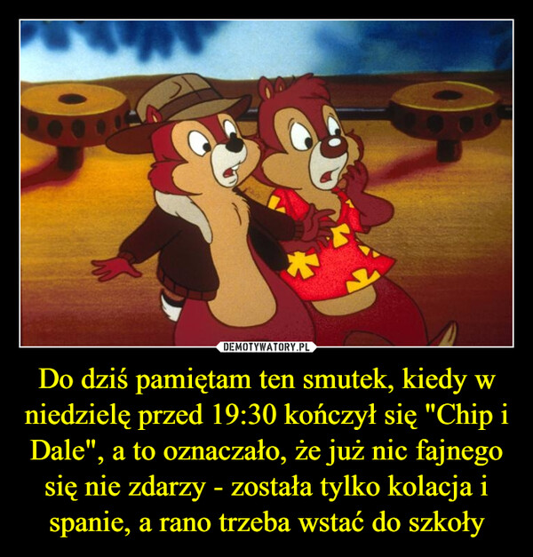 Do dziś pamiętam ten smutek, kiedy w niedzielę przed 19:30 kończył się "Chip i Dale", a to oznaczało, że już nic fajnego się nie zdarzy - została tylko kolacja i spanie, a rano trzeba wstać do szkoły –  