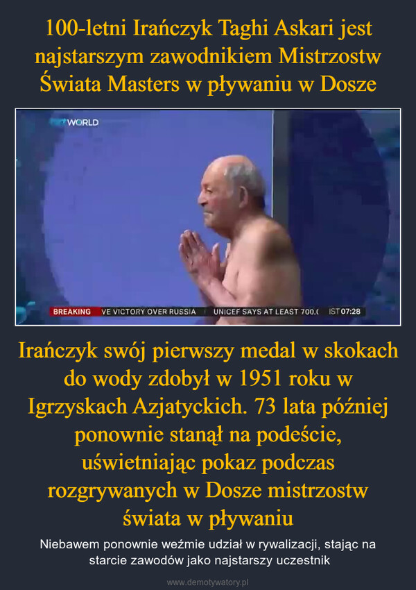 Irańczyk swój pierwszy medal w skokach do wody zdobył w 1951 roku w Igrzyskach Azjatyckich. 73 lata później ponownie stanął na podeście, uświetniając pokaz podczas rozgrywanych w Dosze mistrzostw świata w pływaniu – Niebawem ponownie weźmie udział w rywalizacji, stając na starcie zawodów jako najstarszy uczestnik WORLDBREAKING VE VICTORY OVER RUSSIAUNICEF SAYS AT LEAST 700.IST 07:28