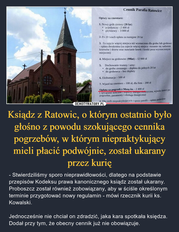 Ksiądz z Ratowic, o którym ostatnio było głośno z powodu szokującego cennika pogrzebów, w którym niepraktykujący mieli płacić podwójnie, został ukarany przez kurię – - Stwierdziliśmy sporo nieprawidłowości, dlatego na podstawie przepisów Kodeksu prawa kanonicznego ksiądz został ukarany. Proboszcz został również zobowiązany, aby w ściśle określonym terminie przygotować nowy regulamin - mówi rzecznik kurii ks. Kowalski. Jednocześnie nie chciał on zdradzić, jaka kara spotkała księdza. Dodał przy tym, że obecny cennik już nie obowiązuje. 