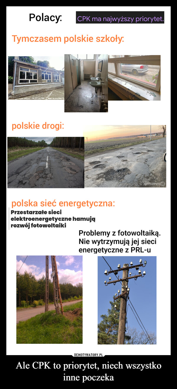 Ale CPK to priorytet, niech wszystko inne poczeka –  Polacy. CPK ma najwyższy priorytet.Tymczasem polskie szkoły:polskie drogi:polska sieć energetyczna:Przestarzałe siecielektroenergetyczne hamująrozwój fotowoltaikizpleszewa plProblemy z fotowoltaiką.Nie wytrzymują jej siecienergetyczne z PRL-u