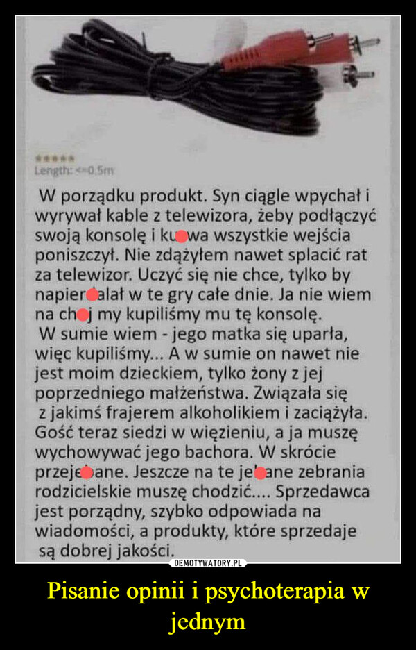 Pisanie opinii i psychoterapia w jednym –  ****Length: <0.5mW porządku produkt. Syn ciągle wpychał iwyrywał kable z telewizora, żeby podłączyćswoją konsolę i kuwa wszystkie wejściaponiszczył. Nie zdążyłem nawet splacić ratza telewizor. Uczyć się nie chce, tylko bynapierdalał w te gry całe dnie. Ja nie wiemna choj my kupiliśmy mu tę konsolę.W sumie wiem - jego matka się uparła,więc kupiliśmy... A w sumie on nawet niejest moim dzieckiem, tylko żony z jejpoprzedniego małżeństwa. Związała sięz jakimś frajerem alkoholikiem i zaciążyła.Gość teraz siedzi w więzieniu, a ja muszęwychowywać jego bachora. W skrócieprzejebane. Jeszcze na te je' ane zebraniarodzicielskie muszę chodzić.... Sprzedawcajest porządny, szybko odpowiada nawiadomości, a produkty, które sprzedajesą dobrej jakości.