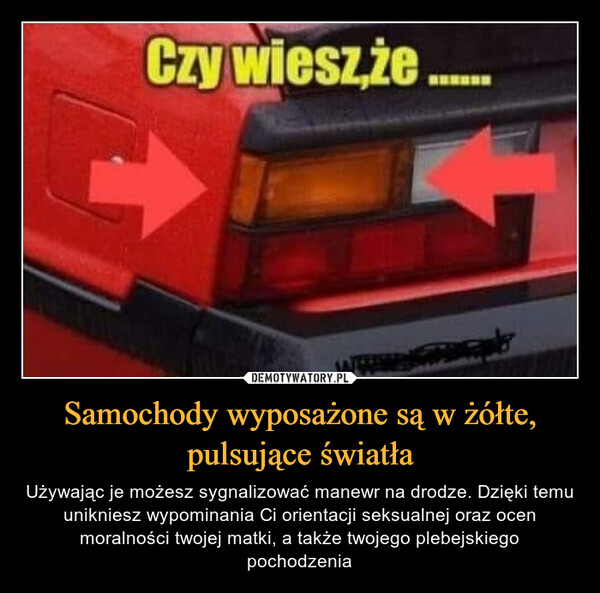 Samochody wyposażone są w żółte, pulsujące światła – Używając je możesz sygnalizować manewr na drodze. Dzięki temu unikniesz wypominania Ci orientacji seksualnej oraz ocen moralności twojej matki, a także twojego plebejskiego pochodzenia Czy wiesz,że.