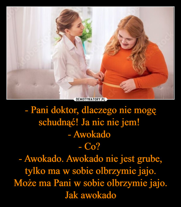 - Pani doktor, dlaczego nie mogę schudnąć! Ja nic nie jem! - Awokado - Co? - Awokado. Awokado nie jest grube, tylko ma w sobie olbrzymie jajo.Może ma Pani w sobie olbrzymie jajo. Jak awokado –  Adobe Stockock