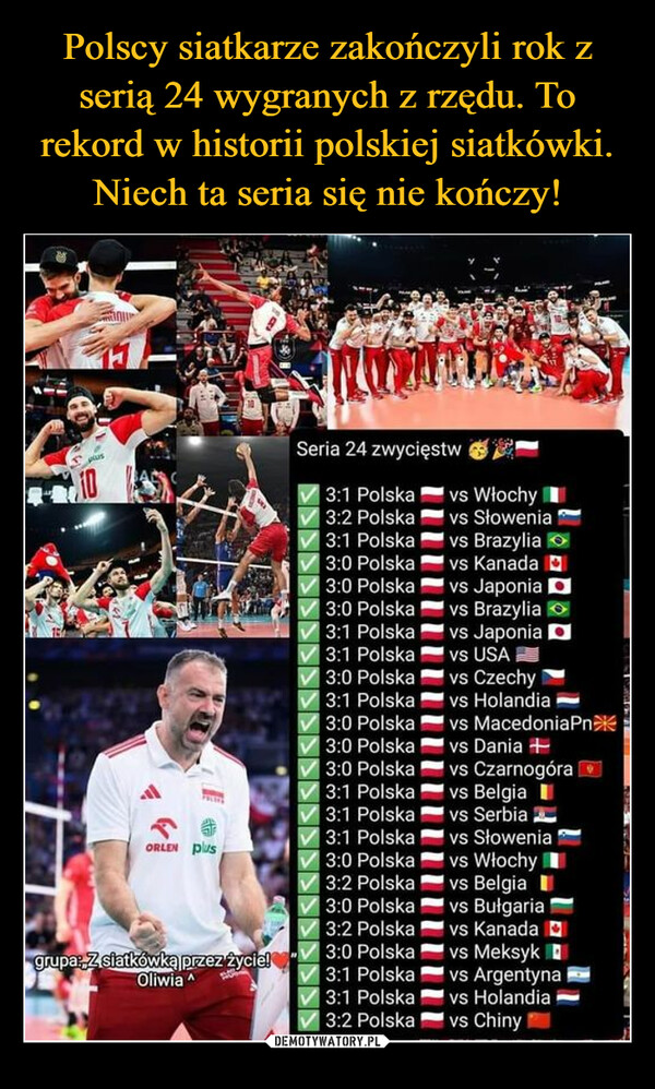  –  plusORLEN plus10grupa: Z siatkówką przez życie!Oliwia ^posSeria 24 zwycięstw3:1 Polska!3:2 Polska3:1 Polska!3:0 Polska3:0 Polska3:0 Polska !3:1 Polska!3:1 Polska!3:0 Polska3:1 Polska!3:0 Polska!3:0 Polska3:0 Polska3:1 Polska3:1 Polska !3:1 Polska3:0 Polska3:2 Polska3:0 Polska !3:2 Polska3:0 Polska!3:1 Polska3:1 Polska!3:2 Polskavs Włochyvs Słoweniavs Brazyliavs Kanadavs Japoniavs Brazyliavs Japoniavs USAvs Czechyvs Holandiavs MacedoniaPnvs Dania +vs Czarnogóravs Belgiavs Serbiavs Słoweniavs Włochy Ivs Belgiavs Bułgariavs Kanadavs Meksykvs Argentynavs Holandia ivs Chiny