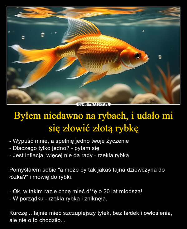 Byłem niedawno na rybach, i udało mi się złowić złotą rybkę – - Wypuść mnie, a spełnię jedno twoje życzenie- Dlaczego tylko jedno? - pytam się- Jest inflacja, więcej nie da rady - rzekła rybkaPomyślałem sobie "a może by tak jakaś fajna dziewczyna do łóżka?" i mówię do rybki:- Ok, w takim razie chcę mieć d**ę o 20 lat młodszą!- W porządku - rzekła rybka i zniknęła.Kurczę... fajnie mieć szczuplejszy tyłek, bez fałdek i owłosienia, ale nie o to chodziło... 