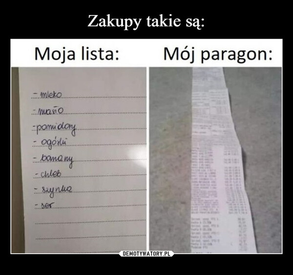  –  Moja lista:Mój paragon:- mleko........man.e...-pomidory...- ogórki.......вотому....chleb...Ягупия..ser...