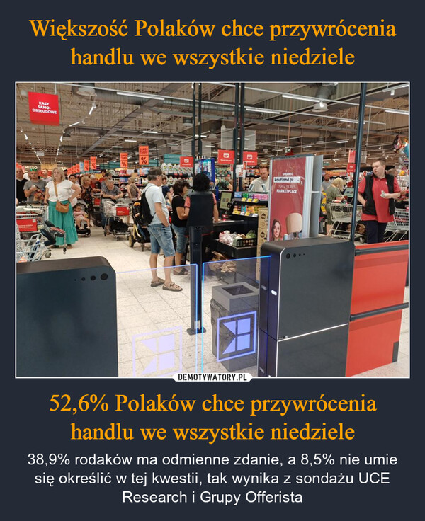 52,6% Polaków chce przywrócenia handlu we wszystkie niedziele – 38,9% rodaków ma odmienne zdanie, a 8,5% nie umie się określić w tej kwestii, tak wynika z sondażu UCE Research i Grupy Offerista KASYSAMO-OBSŁUGOWEMIESOEDSUPERTARIO%SUPERTANIO%SPRAWDŹkaufland.plNASZ NOWYMARKETPLACE