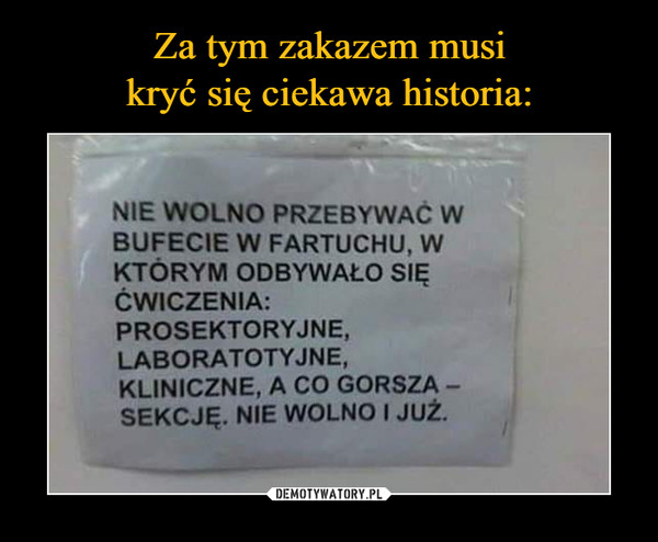  –  NIE WOLNO PRZEBYWAC WBUFECIE W FARTUCHU, WKTÓRYM ODBYWAŁO SIECWICZENIA:PROSEKTORYJNE,LABORATOTYJNE,KLINICZNE, A CO GORSZA-SEKCJĘ. NIE WOLNO I Już.