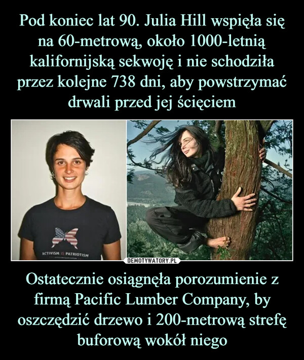 Ostatecznie osiągnęła porozumienie z firmą Pacific Lumber Company, by oszczędzić drzewo i 200-metrową strefę buforową wokół niego –  ACTIVISH IS PATRIOTISH