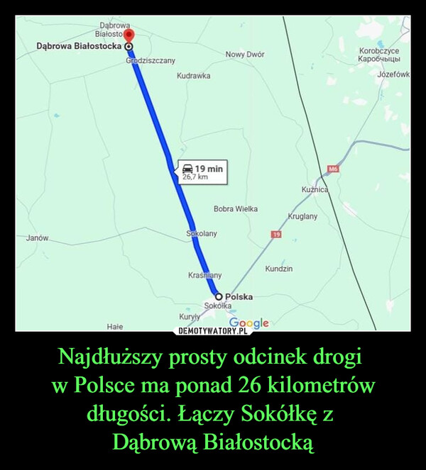 Najdłuższy prosty odcinek drogi w Polsce ma ponad 26 kilometrów długości. Łączy Sokółkę z Dąbrową Białostocką –  DąbrowaBiałostoDąbrowa Białostocka OJanówNowy DwórGrodziszczanyKudrawka19 min26,7 kmKuźnicaBobra WielkaKruglanySokolanyKraśnianyKundzinHaleKuryłyO PolskaSokółkaGoogleM6KorobczyceКаробчыцыJózefówk