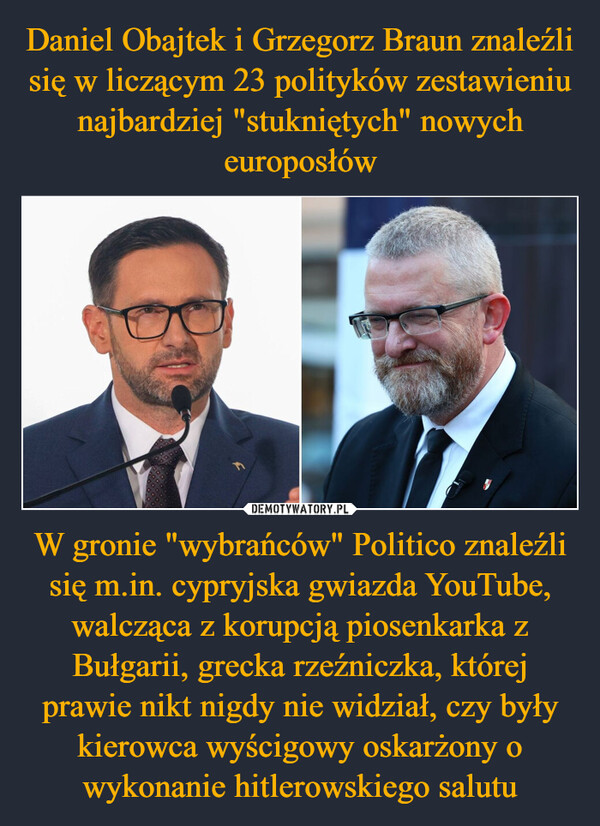 W gronie "wybrańców" Politico znaleźli się m.in. cypryjska gwiazda YouTube, walcząca z korupcją piosenkarka z Bułgarii, grecka rzeźniczka, której prawie nikt nigdy nie widział, czy były kierowca wyścigowy oskarżony o wykonanie hitlerowskiego salutu –  