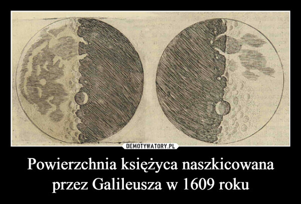 Powierzchnia księżyca naszkicowana przez Galileusza w 1609 roku –  