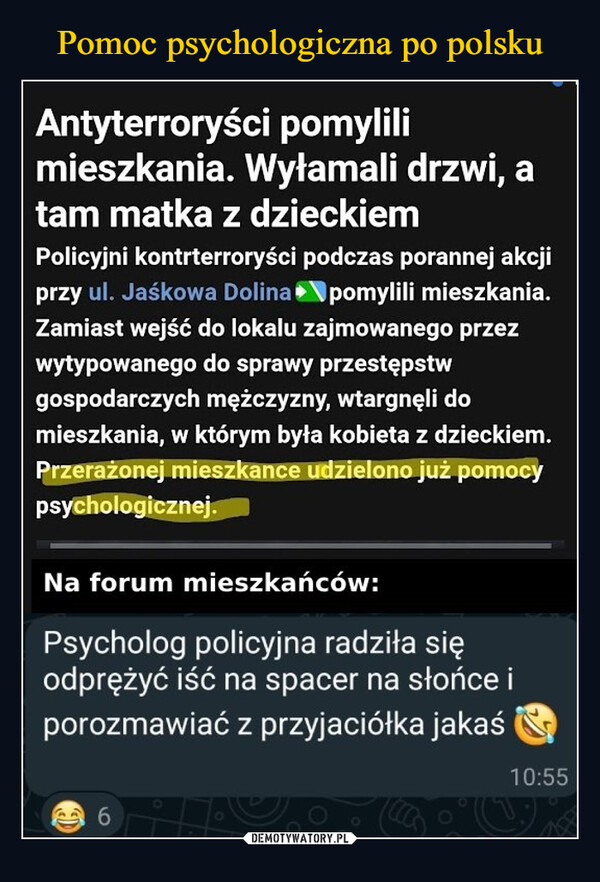  –  Antyterroryści pomylilimieszkania. Wyłamali drzwi, atam matka z dzieckiemTYLKO U NASSzymon Zięba1 października 2024, godz.13:30Opinie (253)Miejsce, w którym doszło do akcji an...O 3086FILM CZYTELNIKA0:00 / 0:38W jednym z bloków przy ul. Jaśkowa Dolina doszło do akcjikontrterrorystów.Policyjni kontrterroryści podczas porannej akcjiprzy ul. Jaśkowa Dolina pomylili mieszkania.Zamiast wejść do lokalu zajmowanego przezwytypowanego do sprawy przestępstwgospodarczych mężczyzny, wtargnęli domieszkania, w którym była kobieta z dzieckiem.Przerażonej mieszkance udzielono już pomocypsychologicznej.