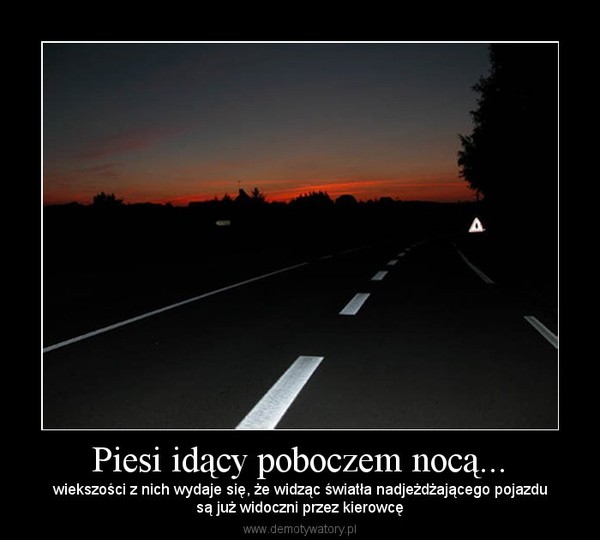 Piesi idący poboczem nocą... – wiekszości z nich wydaje się, że widząc światła nadjeżdżającego pojazdusą już widoczni przez kierowcę 