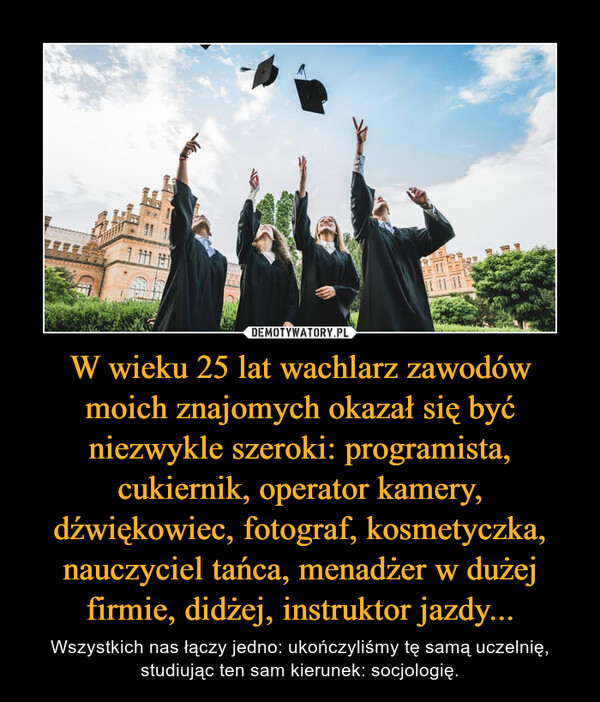 W wieku 25 lat wachlarz zawodów moich znajomych okazał się być niezwykle szeroki: programista, cukiernik, operator kamery, dźwiękowiec, fotograf, kosmetyczka, nauczyciel tańca, menadżer w dużej firmie, didżej, instruktor jazdy... – Wszystkich nas łączy jedno: ukończyliśmy tę samą uczelnię, studiując ten sam kierunek: socjologię. 