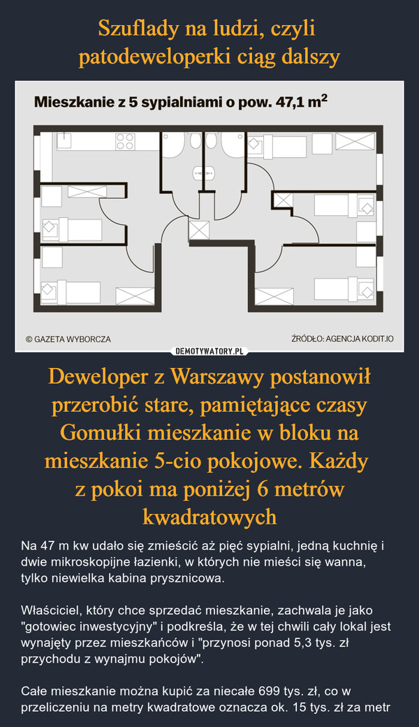 Deweloper z Warszawy postanowił przerobić stare, pamiętające czasy Gomułki mieszkanie w bloku na mieszkanie 5-cio pokojowe. Każdy z pokoi ma poniżej 6 metrów kwadratowych – Na 47 m kw udało się zmieścić aż pięć sypialni, jedną kuchnię i dwie mikroskopijne łazienki, w których nie mieści się wanna, tylko niewielka kabina prysznicowa.Właściciel, który chce sprzedać mieszkanie, zachwala je jako "gotowiec inwestycyjny" i podkreśla, że w tej chwili cały lokal jest wynajęty przez mieszkańców i "przynosi ponad 5,3 tys. zł przychodu z wynajmu pokojów".Całe mieszkanie można kupić za niecałe 699 tys. zł, co w przeliczeniu na metry kwadratowe oznacza ok. 15 tys. zł za metr 