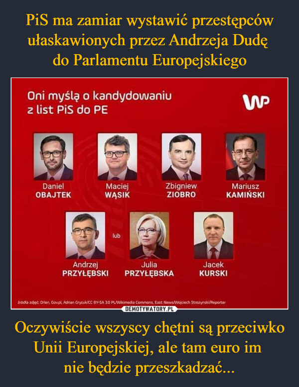 Oczywiście wszyscy chętni są przeciwko Unii Europejskiej, ale tam euro im nie będzie przeszkadzać... –  Oni myślą o kandydowaniuz list PiS do PEWDanielMaciejOBAJTEKWĄSIKZbigniewZIOBROMariuszKAMIŃSKIlubHuAndrzejPRZYŁĘBSKIJuliaPRZYŁĘBSKAJacekKURSKIźródła zdjęć: Orlen, Gov.pl, Adrian Grycuk/CC BY-SA 30 PL/Wikimedia Commons, East News/Wojciech Strozynski/Reporter