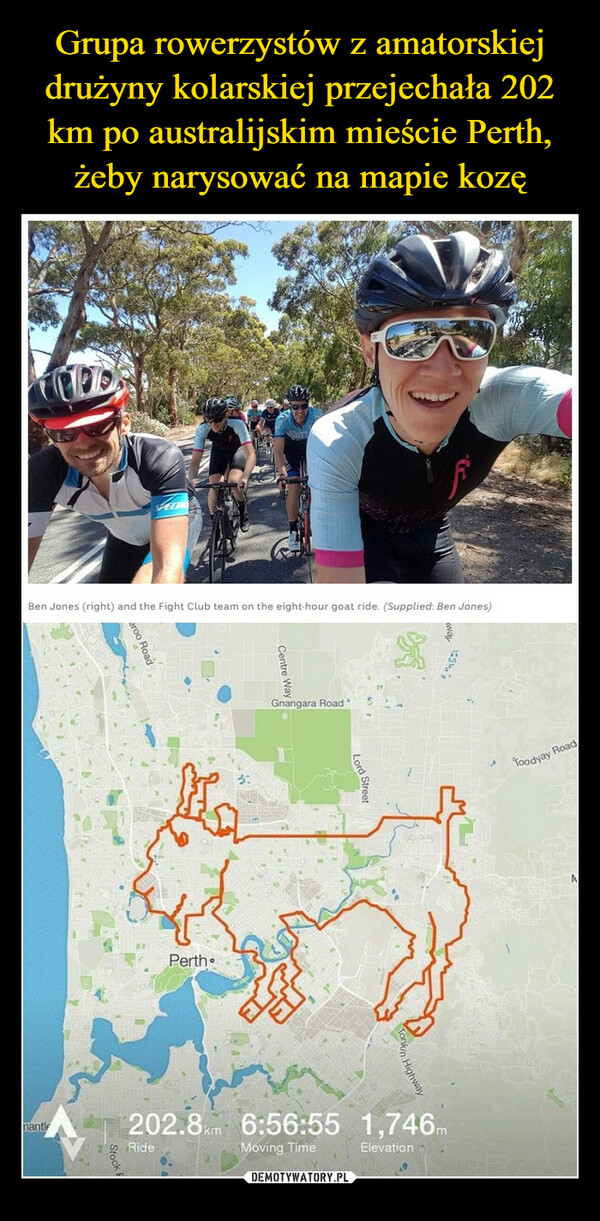  –  Ben Jones (right) and the Fight Club team on the eight-hour goat ride. (Supplied: Ben Jones)PerthCentre WayGnangara Road202.8km 6:56:55 1,746mmantleRideMoving TimeElevationToodyay Road