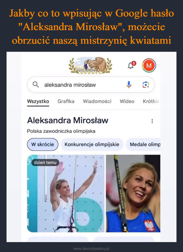  –  aleksandra mirosławWszystko Grafika Wiadomości WideoAleksandra MirosławMKrótkie0Polska zawodniczka olimpijskaW skrócieKonkurencje olimpijskieMedale olimpdzień temuPERFECT DESCENTMedaleOlimpiada 2024>Wiek100O latZłotoSrebroBrązutego 1994Aleksandra Maria Mirocław domu Dudzińska