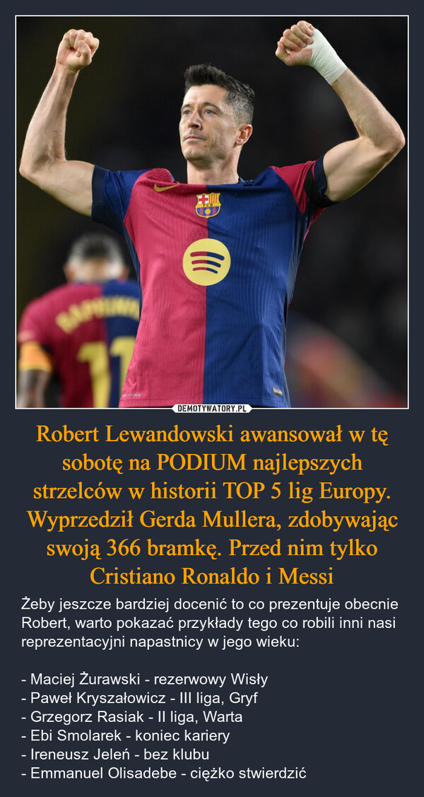 Robert Lewandowski awansował w tę sobotę na PODIUM najlepszych strzelców w historii TOP 5 lig Europy. Wyprzedził Gerda Mullera, zdobywając swoją 366 bramkę. Przed nim tylko Cristiano Ronaldo i Messi – Żeby jeszcze bardziej docenić to co prezentuje obecnie Robert, warto pokazać przykłady tego co robili inni nasi reprezentacyjni napastnicy w jego wieku:- Maciej Żurawski - rezerwowy Wisły - Paweł Kryszałowicz - III liga, Gryf - Grzegorz Rasiak - II liga, Warta - Ebi Smolarek - koniec kariery - Ireneusz Jeleń - bez klubu- Emmanuel Olisadebe - ciężko stwierdzić 12