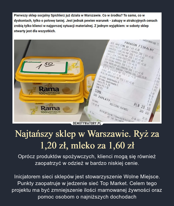 Najtańszy sklep w Warszawie. Ryż za 1,20 zł, mleko za 1,60 zł – Oprócz produktów spożywczych, klienci mogą się również zaopatrzyć w odzież w bardzo niskiej cenie.Inicjatorem sieci sklepów jest stowarzyszenie Wolne Miejsce. Punkty zaopatruje w jedzenie sieć Top Market. Celem tego projektu ma być zmniejszenie ilości marnowanej żywności oraz pomoc osobom o najniższych dochodach 