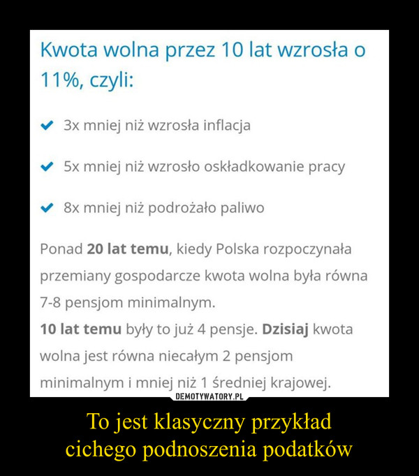 To jest klasyczny przykładcichego podnoszenia podatków –  Kwota wolna przez 10 lat wzrosła o11%, czyli:V 3x mniej niż wzrosła inflacja5x mniej niż wzrosło oskładkowanie pracy>/ 8x mniej niż podrożało paliwoPonad 20 lat temu, kiedy Polska rozpoczynałaprzemiany gospodarcze kwota wolna była równa7-8 pensjom minimalnym.10 lat temu były to już 4 pensje. Dzisiaj kwotawolna jest równa niecałym 2 pensjomminimalnym i mniej niż 1 średniej krajowej.