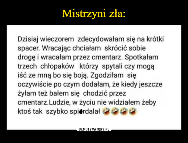  –  Dzisiaj wieczorem zdecydowałam się na krótkispacer. Wracając chciałam skrócić sobiedrogę i wracałam przez cmentarz. Spotkałamtrzech chłopaków którzy spytali czy mogąiść ze mną bo się boją. Zgodziłam sięoczywiście po czym dodałam, że kiedy jeszczeżyłam też bałem się chodzić przezcmentarz.Ludzie, w życiu nie widziałem żebyktoś tak szybko spierdalał